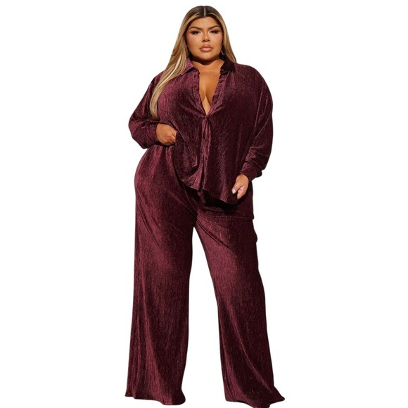 Fashion Nova Jenelle Crushed Velvet Plisse Wide Leg Pant Set Womens 1x Oversized - Picture 1 of 14